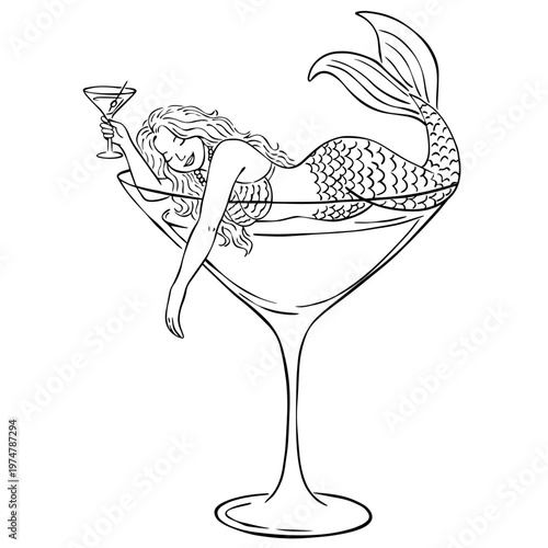Mermaid in Martini Glass Line Art Illustration, Bachelorette Party Cocktail Design, Minimalist Fantasy Clipart