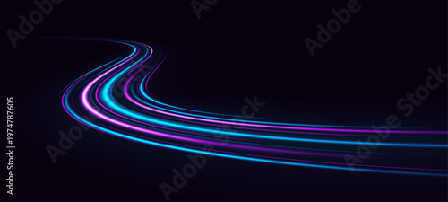 Moving racing highway with electric car trails and dynamic city lights.