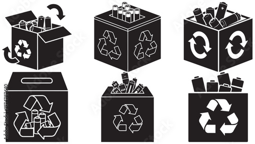 Black and White Illustrations of Battery Recycling, Featuring Containers with Universal Recycle Symbols for Proper Waste Disposal and Environmental Protection.