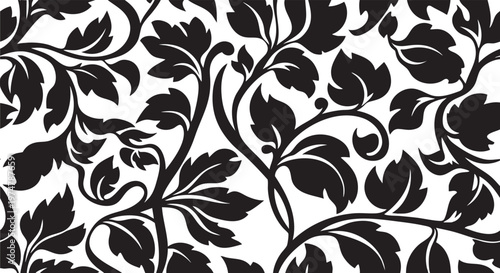 Bild auf Leinwand Seamless Black Floral Damask Pattern with Elegant Leafy Vines