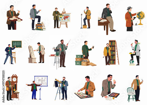 Set of flat illustrations featuring men in scholarly roles engaged in diverse educational activities like lecturing, researching, and exploring historical artifacts.