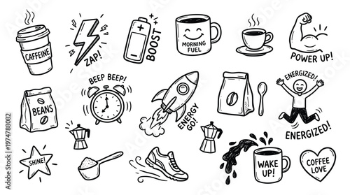 Energetic morning routine with coffee and exercise symbols representing energy boost and productivity for a vibrant start to the day