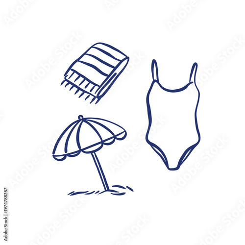 A collection of minimalist hand-drawn illustrations featuring a striped beach towel, a beach umbrella in the sand, and a classic one-piece swimsuit. A simple sketch rendered in blue lines