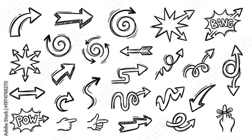 Collection of hand-drawn doodle arrows and comic speech bubbles in black and white for design and illustration