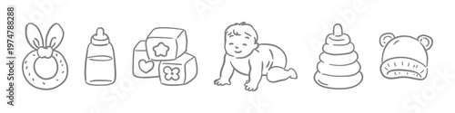 A collection of minimalist hand-drawn illustrations featuring baby items. Simple line drawings on the themes of parenthood and early childhood.