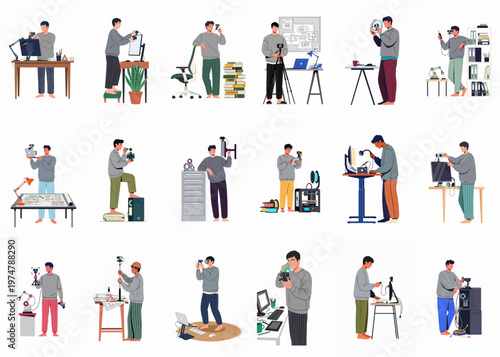 Collection of a young male professional working from home in pajamas, performing various tech-related tasks, creative projects, and remote office setups.