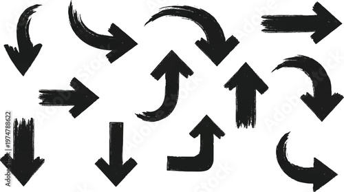 A high-impact collection of thick black hand-drawn arrows featuring a textured brush stroke aesthetic on a white background.