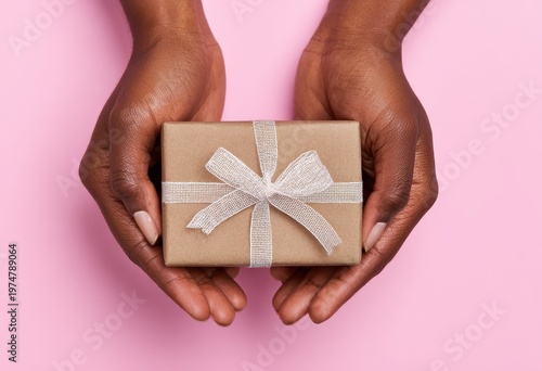 Close Up Of Hands Holding A Brown Gift Box Tied With A White Ribbon Against A Pink Background With Glitter On Skin