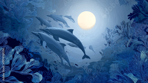Dolphins leaping across stylized ocean with bold red sunset, ideal for wildlife posters, ocean storytelling visuals, branding, and artistic nature design concepts