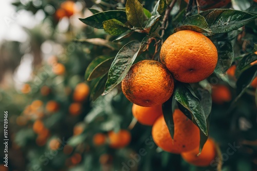 Close up of ripe orange citrus fruits hanging from a leafy green branch on a tree with water droplets in soft natural light outdoors on a cloudy day