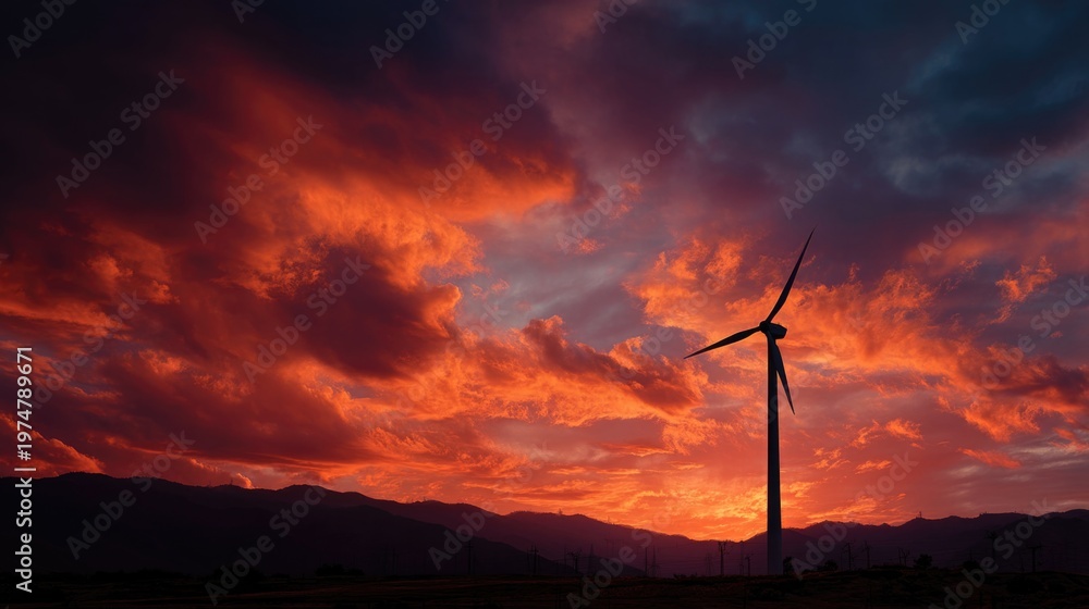 Obraz premium Wind turbine silhouette against dramatic red sunset sky for renewable energy concept