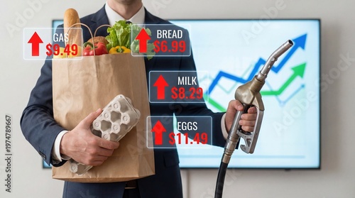 inflation fuel grocery prices costofliving budget energy food household expenses business style concept linking supermarket and transport costs shows how simultaneous increases in fuel and essentials