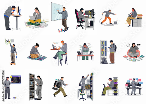 Diverse Set of Illustrations Showing People Engaged in Various Information Technology, Programming, Hardware Repair, and Networking Activities
