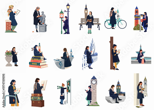 Set of illustrations depicting a young woman traveling, sketching, and reading in iconic European cityscapes with landmarks like Big Ben and Eiffel Tower.