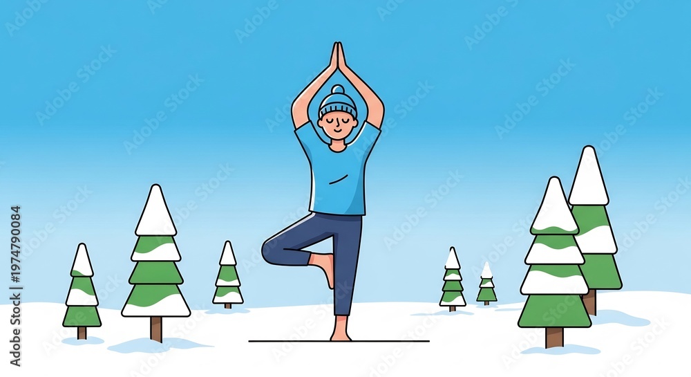 Fototapeta premium person doing tree yoga pose in snowy winter landscape