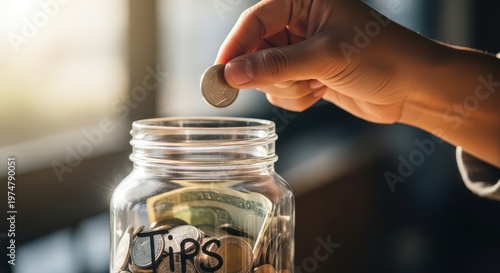 Person drops a coin into a glass jar labeled for tips.