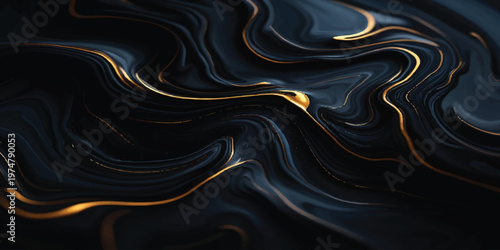 Golden silk background with black and white wavy patterns features fluid liquid swirls and metallic gold fabric design in a shiny flowing satin backdrop