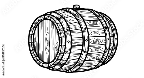 Rustic Wooden Barrel Vector, Wine or Whiskey Cask with Metal Hoops Illustration