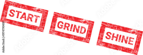 Three red rubber stamp icons with inspirational words on transparent background for motivation and productivity  start grind shine