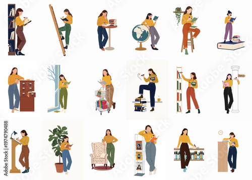 Collection of illustrations featuring women reading books, taking notes, and exploring library resources like globes, bookshelves, and card catalogs in a flat style.