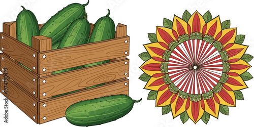 Fresh green cucumbers in wooden crate with decorative sunflower mandala pattern vector illustration combining organic farm vegetables and colorful ornamental floral design