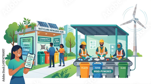 Modern community recycling rewards hub with people sorting waste and mobile app tracking