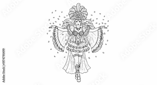 Elaborate costume with headdress and flowing elements, confetti shower