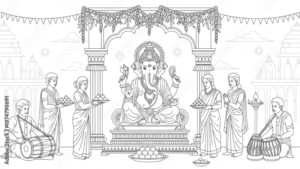 Obraz premium Lord Ganesha Festival Line Art Illustration – Hindu Puja Ceremony, Devotees Offering Prayers, Temple Architecture, Traditional Cultural Scene