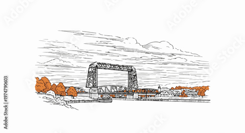 Sketch of a bridge over a river with buildings and autumn trees