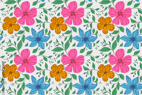 Pixelated floral patterns are suitable for continuous textile weaving, wall prints, and gift wrapping paper.