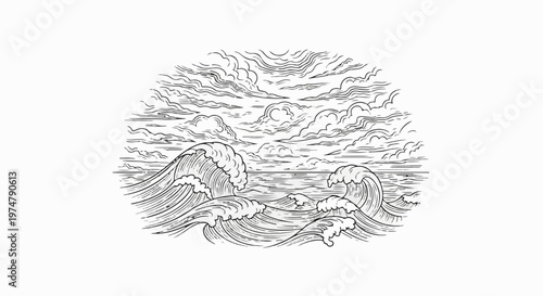 Stylized drawing of powerful ocean waves crashing under a cloudy sky