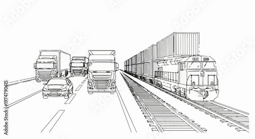 Trucks, cars, and cargo train on tracks, with a backdrop of the sky