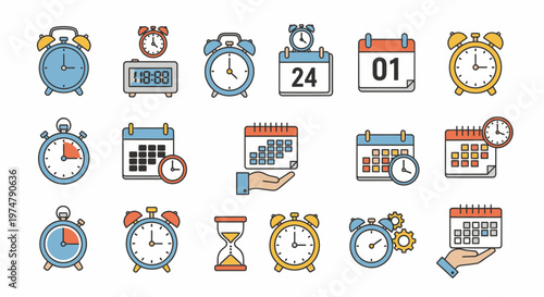 Flat Design Set of Time and Calendar Icons, Modern Alarm Clocks and Scheduling Symbols in Bright Studio.