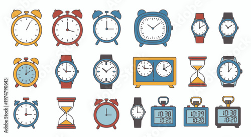 Diverse Collection of Clocks and Timepieces, Variety of Alarm Clocks, Wristwatches, and Digital Clocks in Bright Studio.