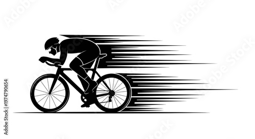 Silhouette of Cyclist Riding Bicycle with Speed Lines, Dynamic Sports Activity on Isolated White Background.
