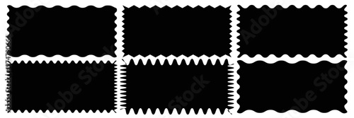 Set of frames with zigzag edge, scallop edge shape. Set of jagged ellipses elements. Rectangle shape frame with zigzag edge. Rectangular jagged curved box element. Geometric zig zag wavy stickers.