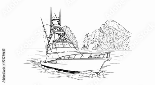 A detailed line drawing of a fishing boat sailing on the water near rocky cliffs