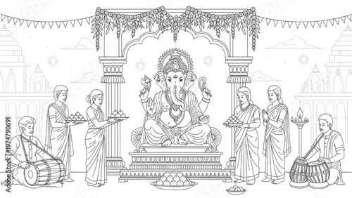 Lord Ganesha Festival Line Art Illustration – Hindu Puja Ceremony, Devotees Offering Prayers, Temple Architecture, Traditional Cultural Scene