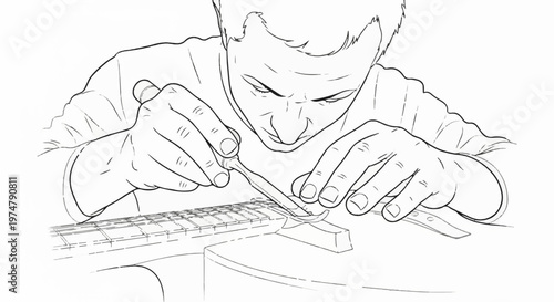 Close-up sketch of a person working on a guitar's fretboard