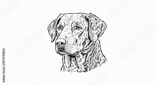 Detailed black and white illustration of a dog's head, showing its textured fur and expressive eyes