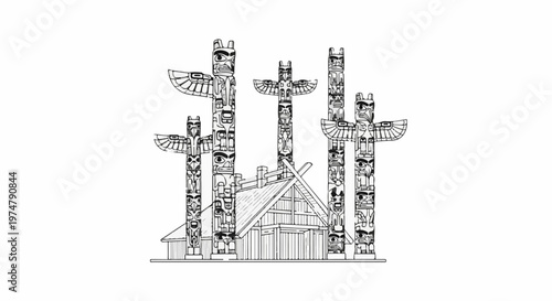 Detailed line art of five totem poles and a wooden structure