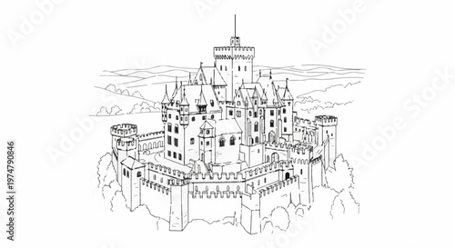 Detailed line drawing of a grand medieval castle with multiple towers and crenellated walls