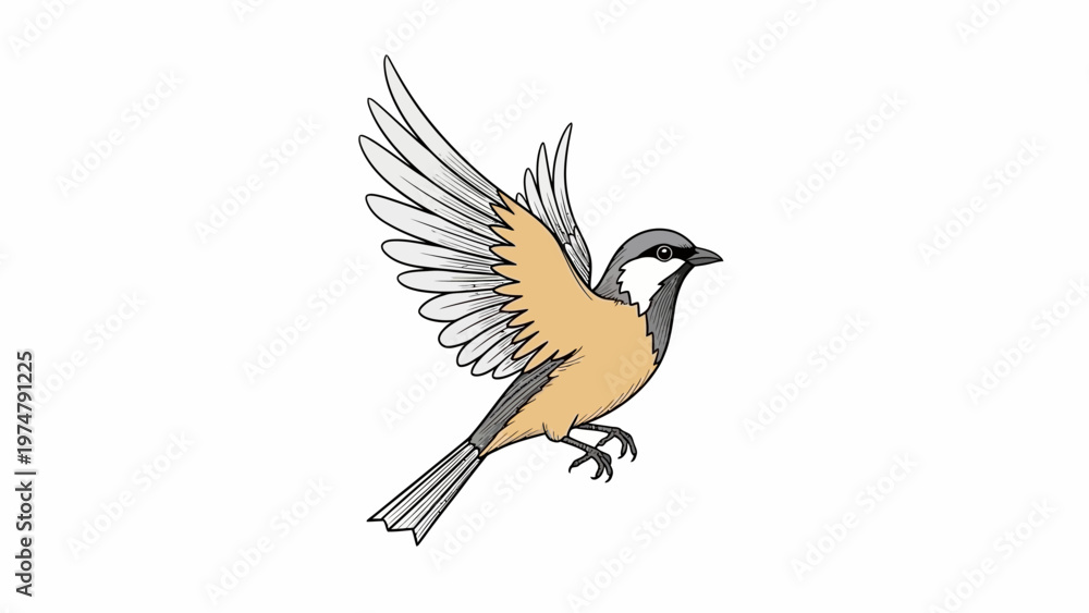 Fototapeta premium Small bird in flight, wings spread, detailed illustration, white background