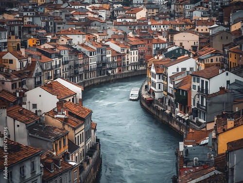 Aerial view of historic riverside town with colorful buildings and boat traffic