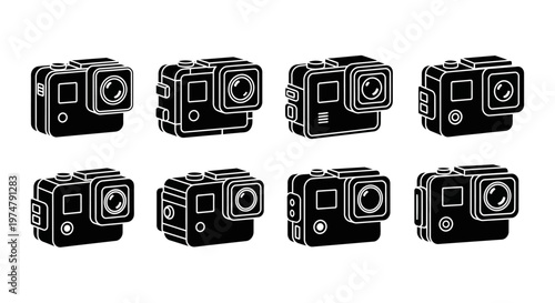 Set of Action Cameras, Black and White Icons, Vector Graphics