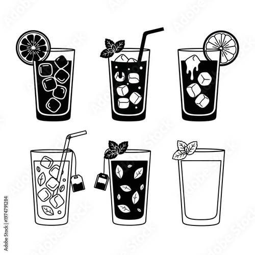 Refreshing Summer Drinks Collection: Iced Tea, Lemonade, Cocktails with Mint and Lime