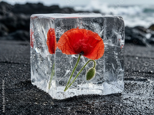 Frozen Red Poppy Encased in Ice on Black Sand Beach – Surreal Nature Concept