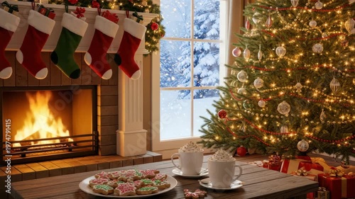 Christmas interior with fireplace and decorated tree