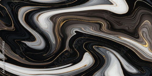 Abstract black and white background texture with a close up design featuring liquid gold flow and dark metal waves for an artistic wallpaper backdrop