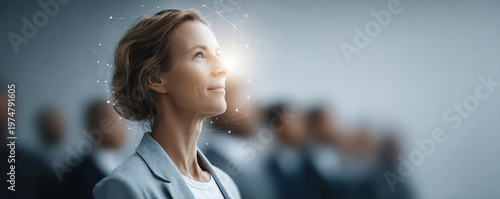 Confident businesswoman with digital network overlay, futuristic technology, leadership, innovation, and vision in modern workplace
